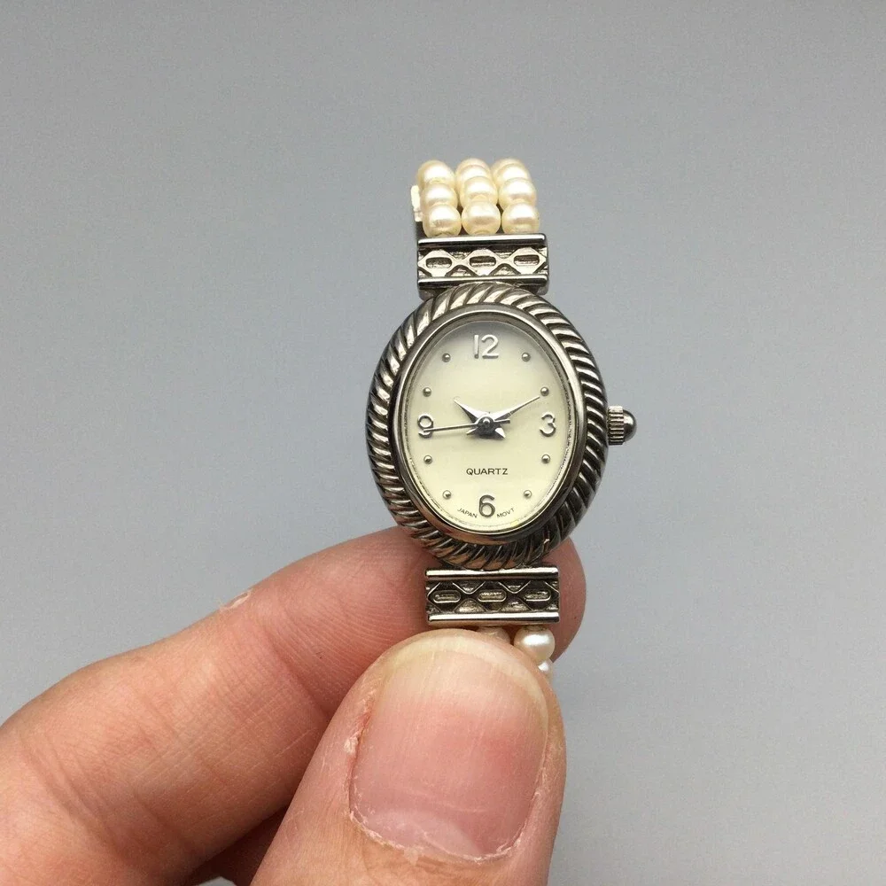 Avon Womens Watch 18mm Cream Oval Dial Faux Pearl Bracelet New Battery